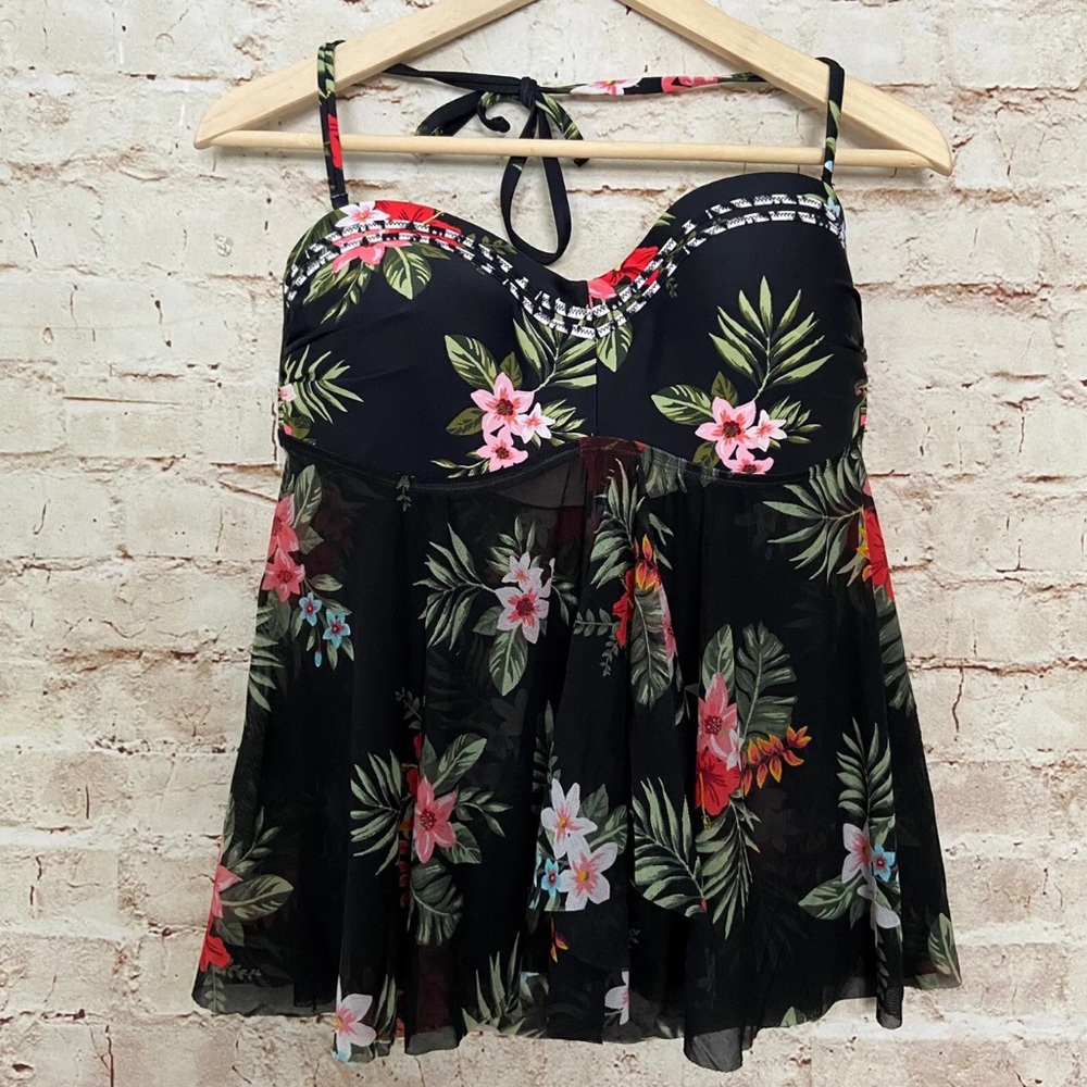 Kona Sol Womens Floral Mesh Baby Doll Swim Top Size L Black Multicolor